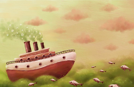 Dessin naïf d’un bateau traversant l’océan (Titre: A sea..., Auteur: Pete Revonkorpi)