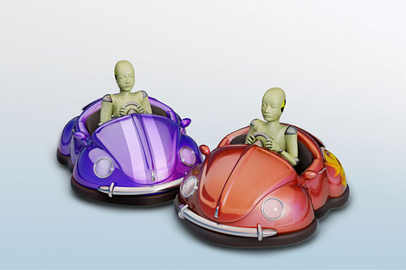 Illustration 3D de deux mannequins crash test en auto tamponeuses